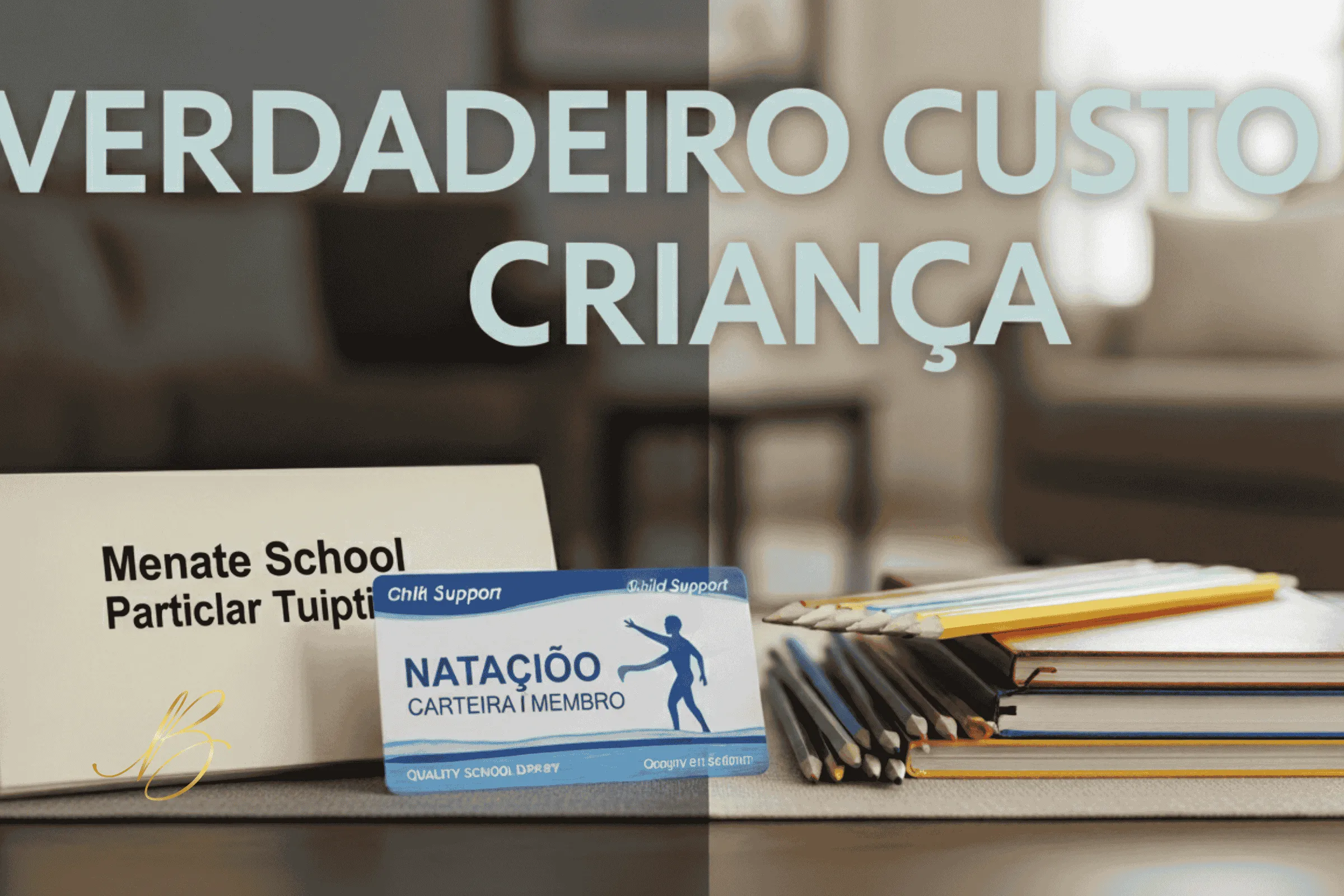 A Batalha pelo Dinheiro: Pensão Justa e Bens Escondidos sobre uma mesa, vê-se itens que representam o custo real de uma criança: boleto de escola particular, carteirinha de natação e materiais escolares de qualidade. Ao fundo, levemente desfocado, um ambiente de sala de estar confortável de classe média alta