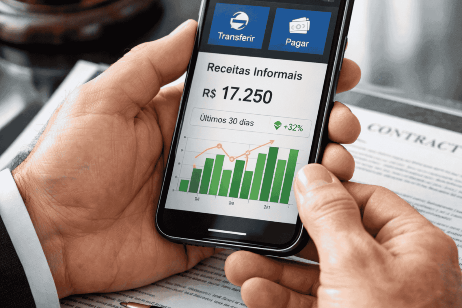 A Lupa da Justiça e a Renda Informal profissional (juiz ou advogado) segurando um smartphone de última geração que exibe na tela um aplicativo de banco com ícones de transferências e gráficos de receitas informais. Abaixo do celular, descansam documentos jurídicos impressos e uma caneta de luxo de metal.