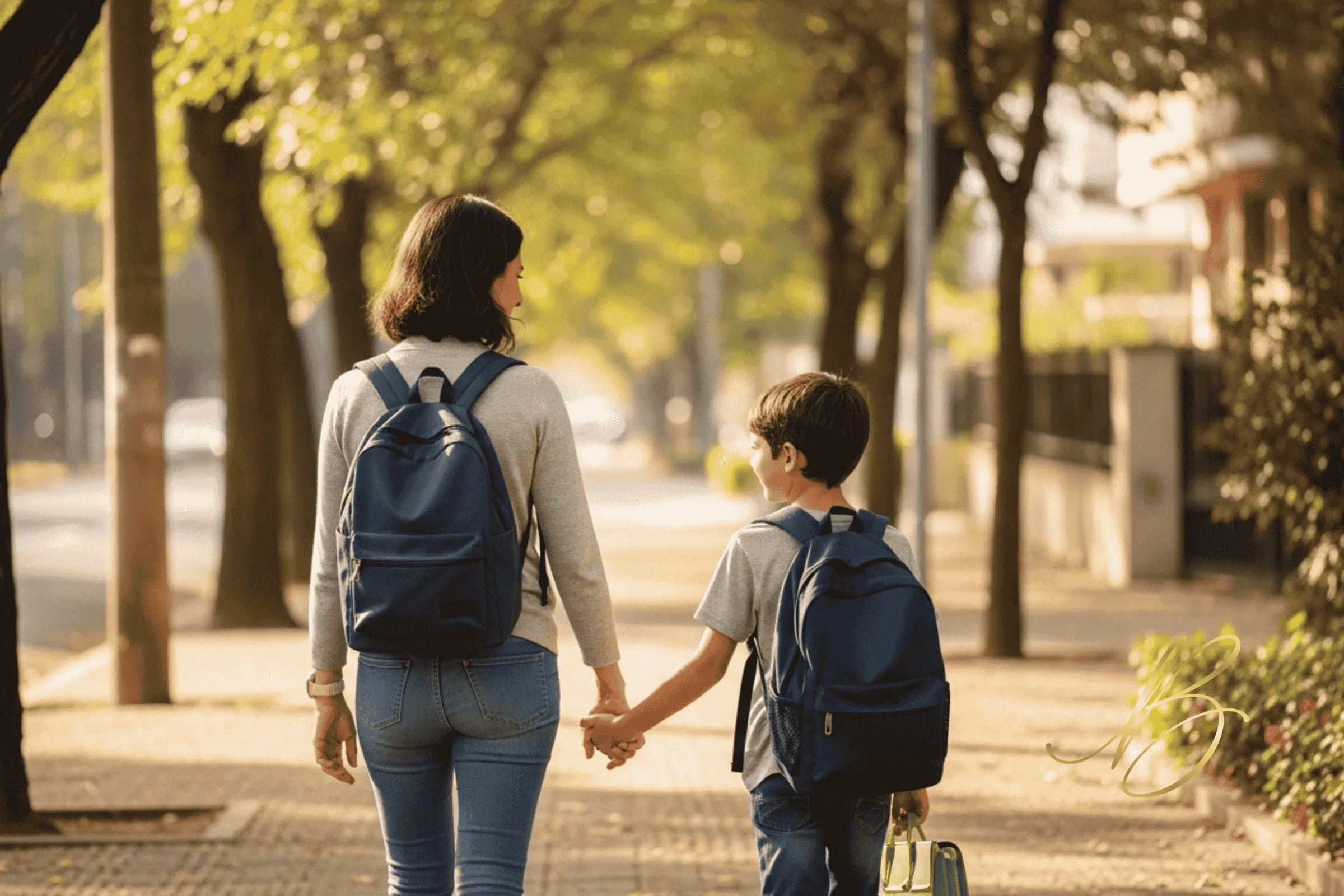 A Verdade Sobre a Guarda dos Filhos na Zona Sul de SP mãe caminhando de mãos dadas com seu filho de aproximadamente 6 anos, ambos de costas ou perfil, carregando mochilas escolares. Eles estão caminhando em uma calçada arborizada tranquila de um bairro residencial (estilo Campo Belo ou Granja Julieta). A luz do sol filtra pelas árvores. A linguagem corporal demonstra proteção, cumplicidade e a continuidade da rotina segura da criança.