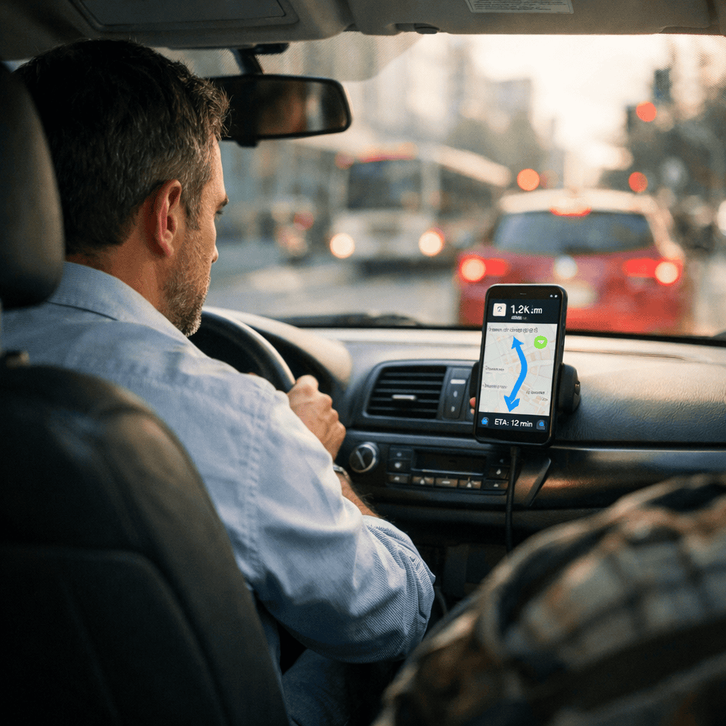 A Realidade do Autônomo e a Tentativa de Manter o Pagamento um homem vestido com uma camisa social casual trabalha focado no trânsito. Fixado no painel do carro, há um smartphone iluminado exibindo a tela de um aplicativo de navegação GPS.