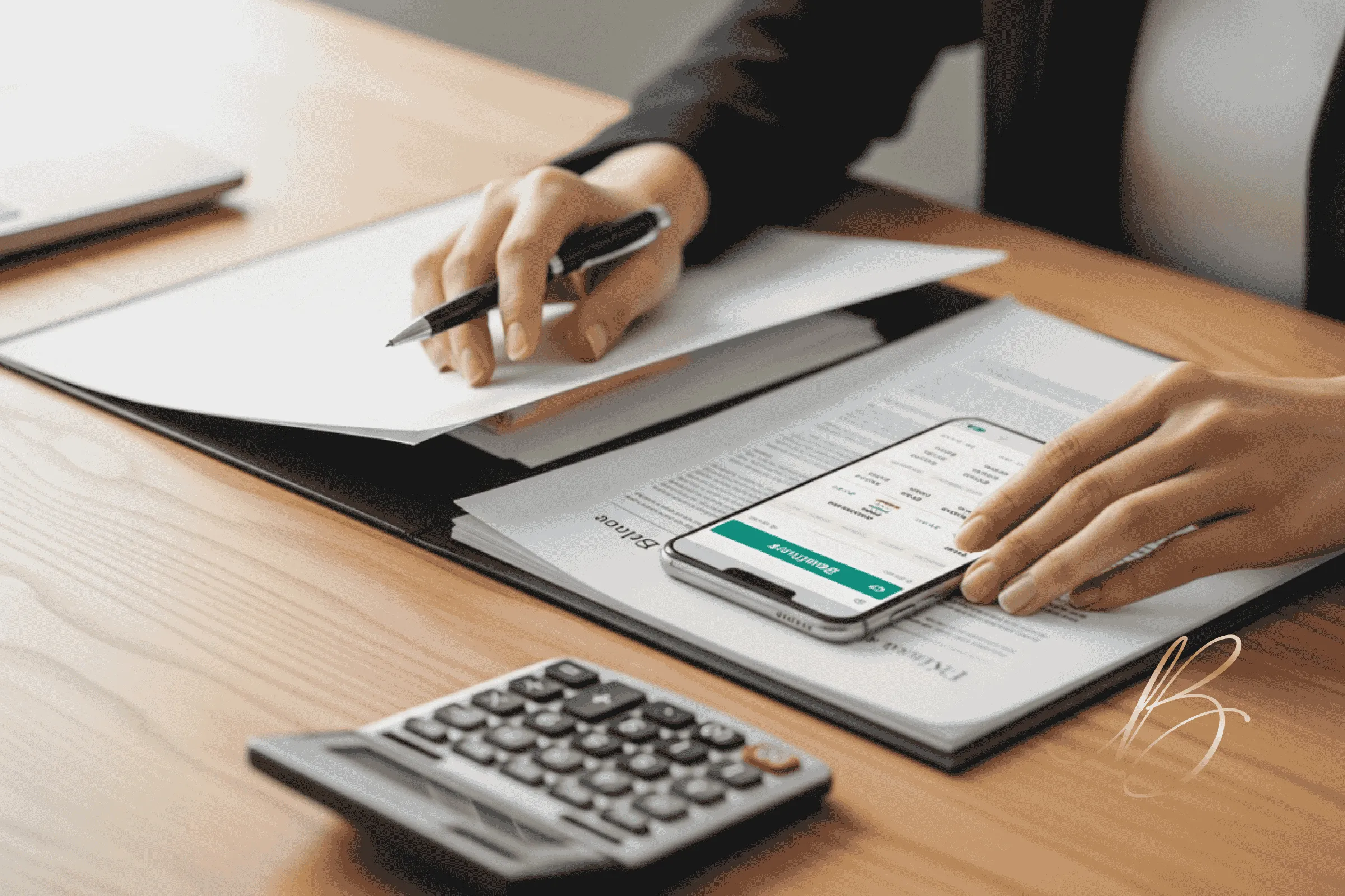 Como Montar seu Kit de Segurança (O 'How To' Prático) Vê-se mãos femininas delicadas, mas firmes, organizando documentos importantes: uma pasta discreta, um smartphone mostrando um aplicativo de banco (sem revelar dados sensíveis) e uma calculadora.