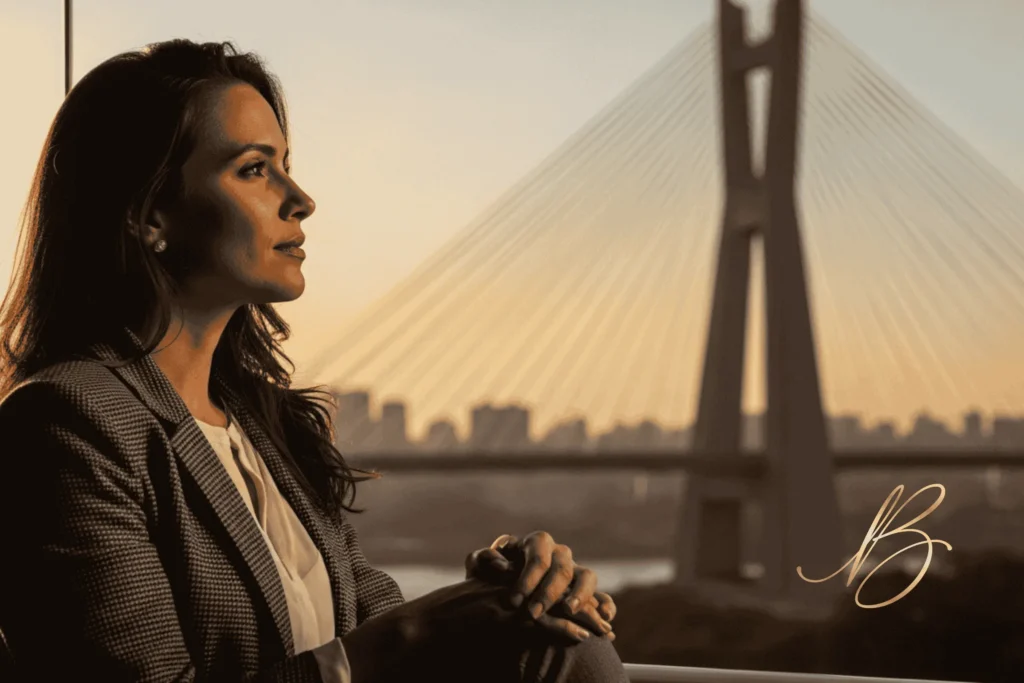 mulher de 35 anos, vestida com elegância casual (blazer e jeans), olhando para o horizonte com uma expressão de determinação e esperança, não de tristeza. Ela está em uma varanda ou próximo a uma janela de vidro. Ao fundo, desfocado mas reconhecível, vê-se a silhueta da Ponte Estaiada (Ponte Octávio Frias de Oliveira) em São Paulo sob a luz dourada do pôr do sol.