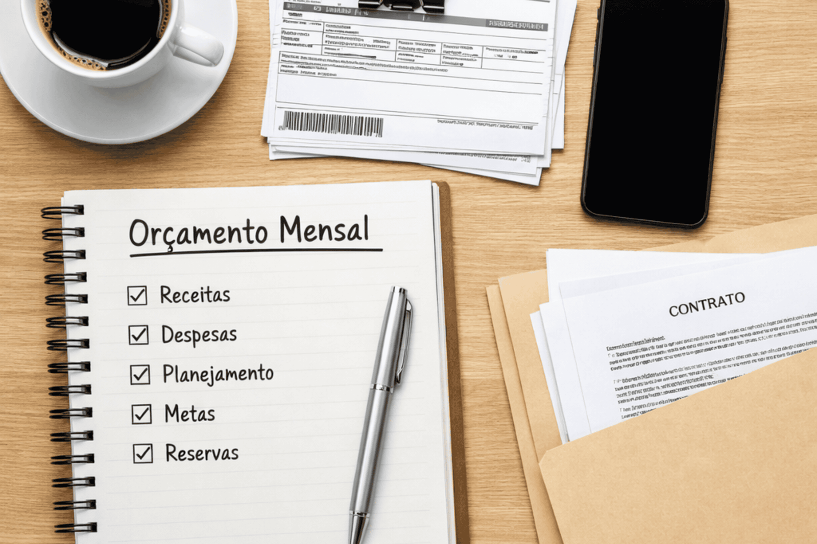O Checklist dos 30 Dias e a Organização contra o Risco mesa de trabalho muito organizada, focada em planejamento de crise. Sobre a superfície de madeira clara estão: um caderno de anotações aberto intitulado "Orçamento Mensal", uma xícara de café pela metade, alguns boletos bancários organizados sob um clipe de papel, um smartphone com a tela apagada e uma pasta parda com documentos.