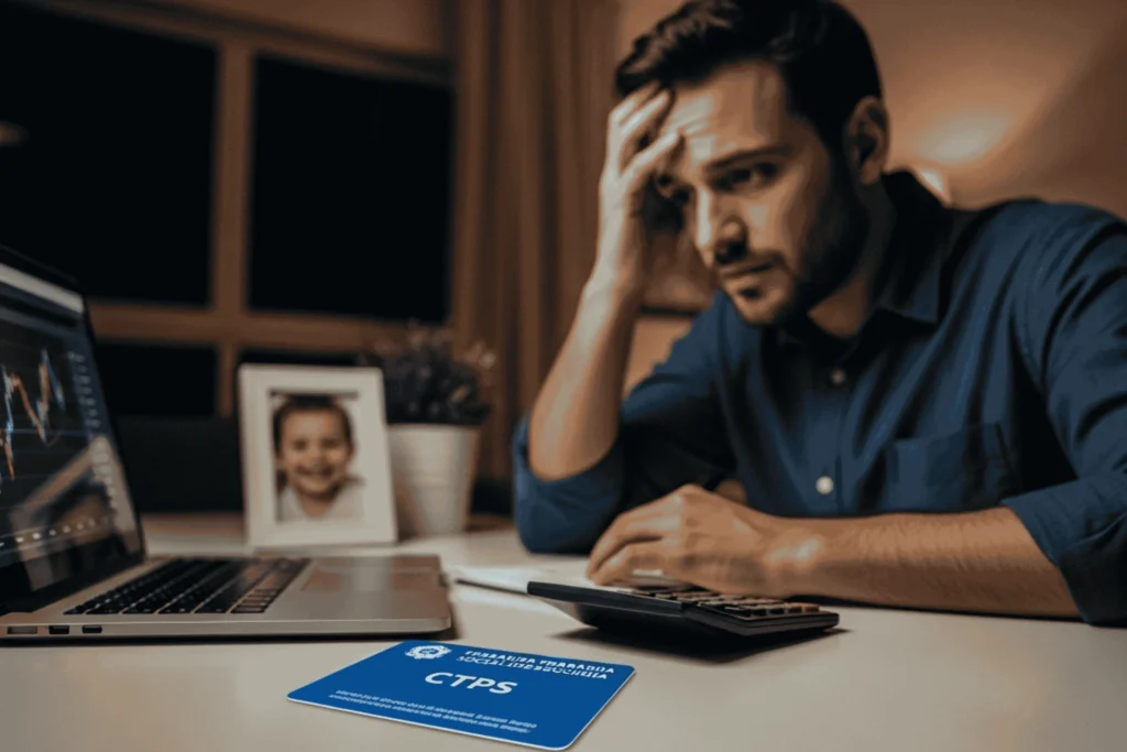 homem na faixa dos 35 anos, com expressão de preocupação e foco. Ele está sentado à mesa da sala à noite, iluminado pela luz suave da tela de um notebook onde aparecem gráficos financeiros. Sobre a mesa, em primeiro plano nítido, repousa uma Carteira de Trabalho brasileira (CTPS) azul e uma calculadora.