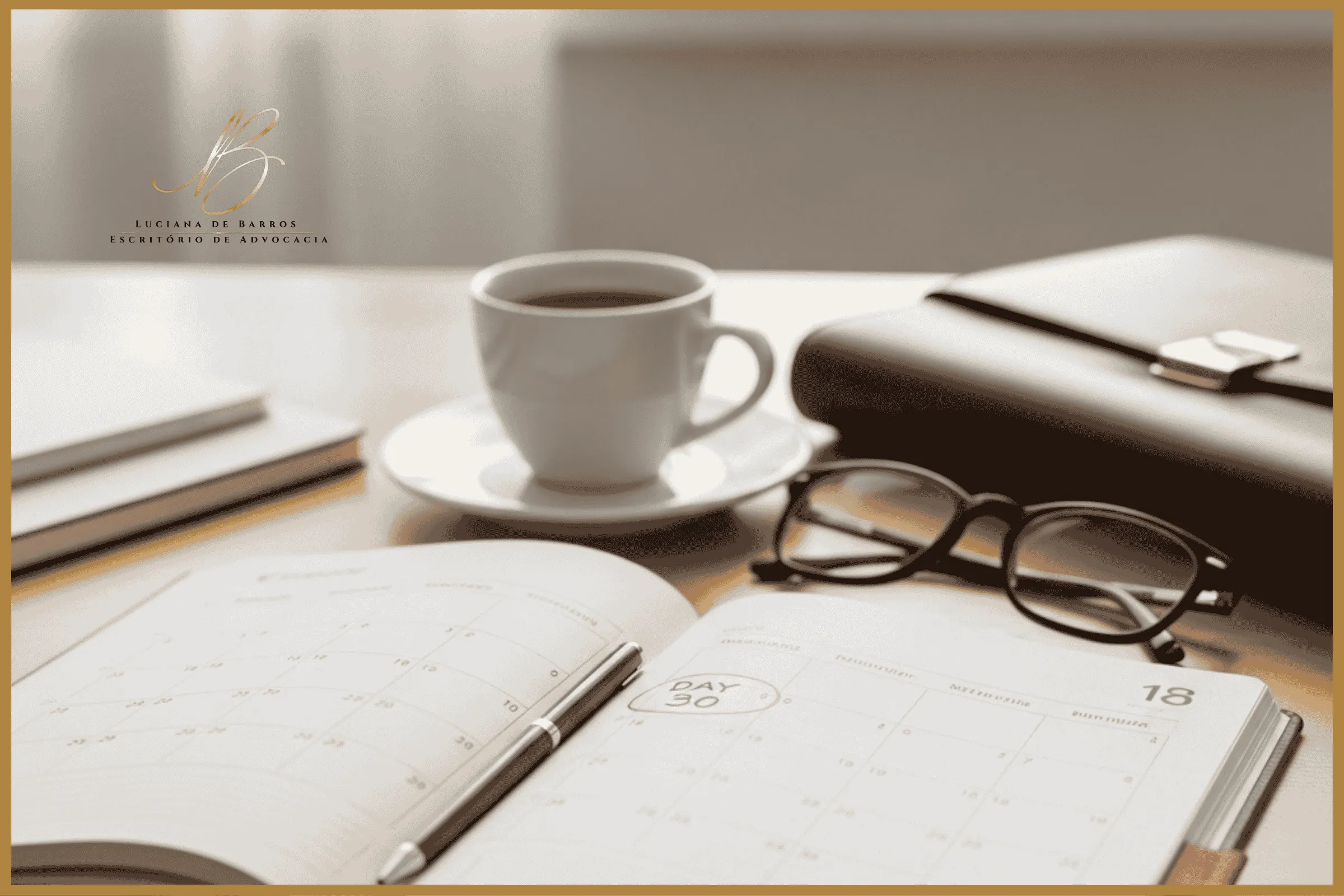 A Agilidade e o Cronograma de 30 Dias agenda planner elegante aberta, mostrando um cronograma mensal limpo com uma marcação circulada no "Dia 30". Ao lado da agenda, uma xícara de café expresso, um par de óculos de leitura e uma pasta fina de couro. A luz natural da manhã entra suavemente pela janela.