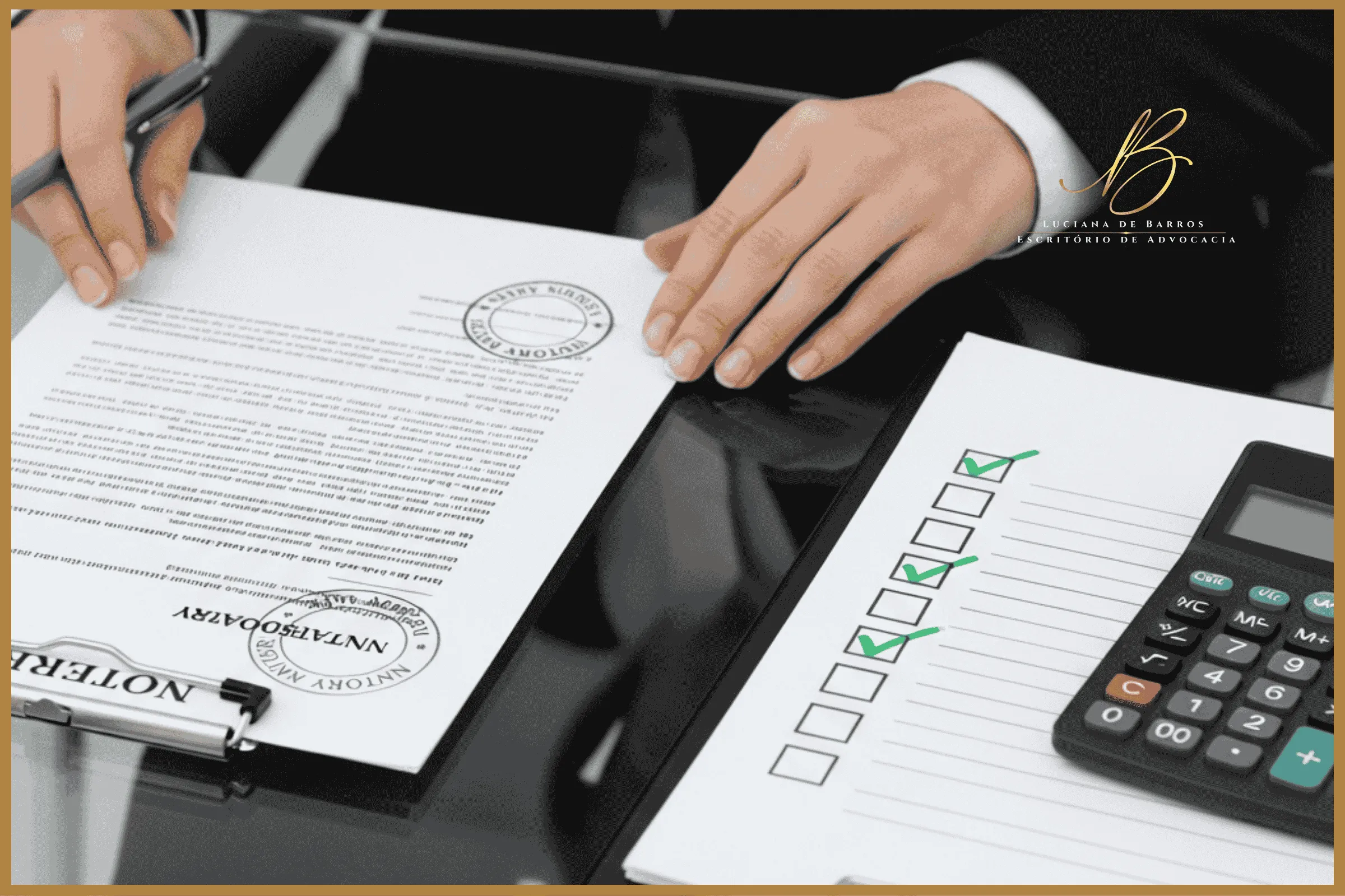 A Burocracia, o Checklist e a Proteção Financeira1 As mãos seguram delicadamente um papel oficial com selos de cartório (simulando uma Certidão de Casamento de Inteiro Teor). Ao lado, há um checklist impresso em uma prancheta sofisticada com alguns itens já marcados com um "check" verde, e uma calculadora financeira elegante.