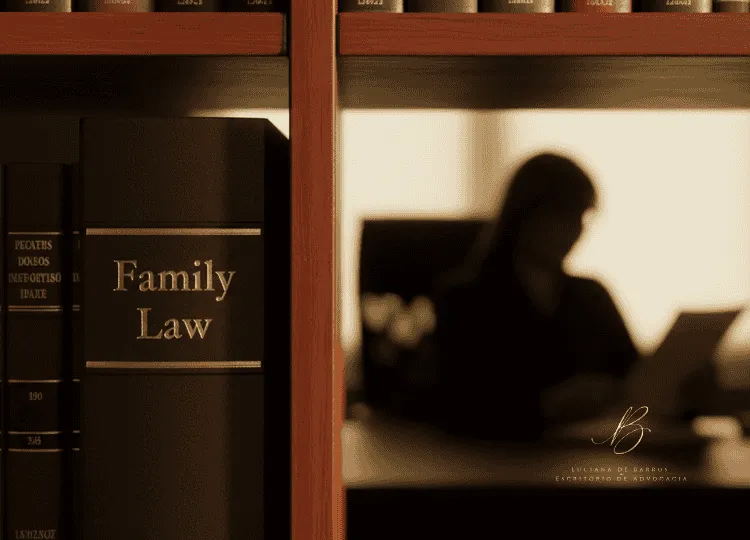 A Especialização em Direito de Família estante de livros jurídicos de madeira nobre. O foco nítido está em um livro grosso de capa escura com o título "Direito de Família" gravado em letras douradas reflexivas. Ao fundo, com um desfoque suave (efeito bokeh), vê-se a silhueta de um advogado focado lendo um documento. Iluminação quente e direcional.