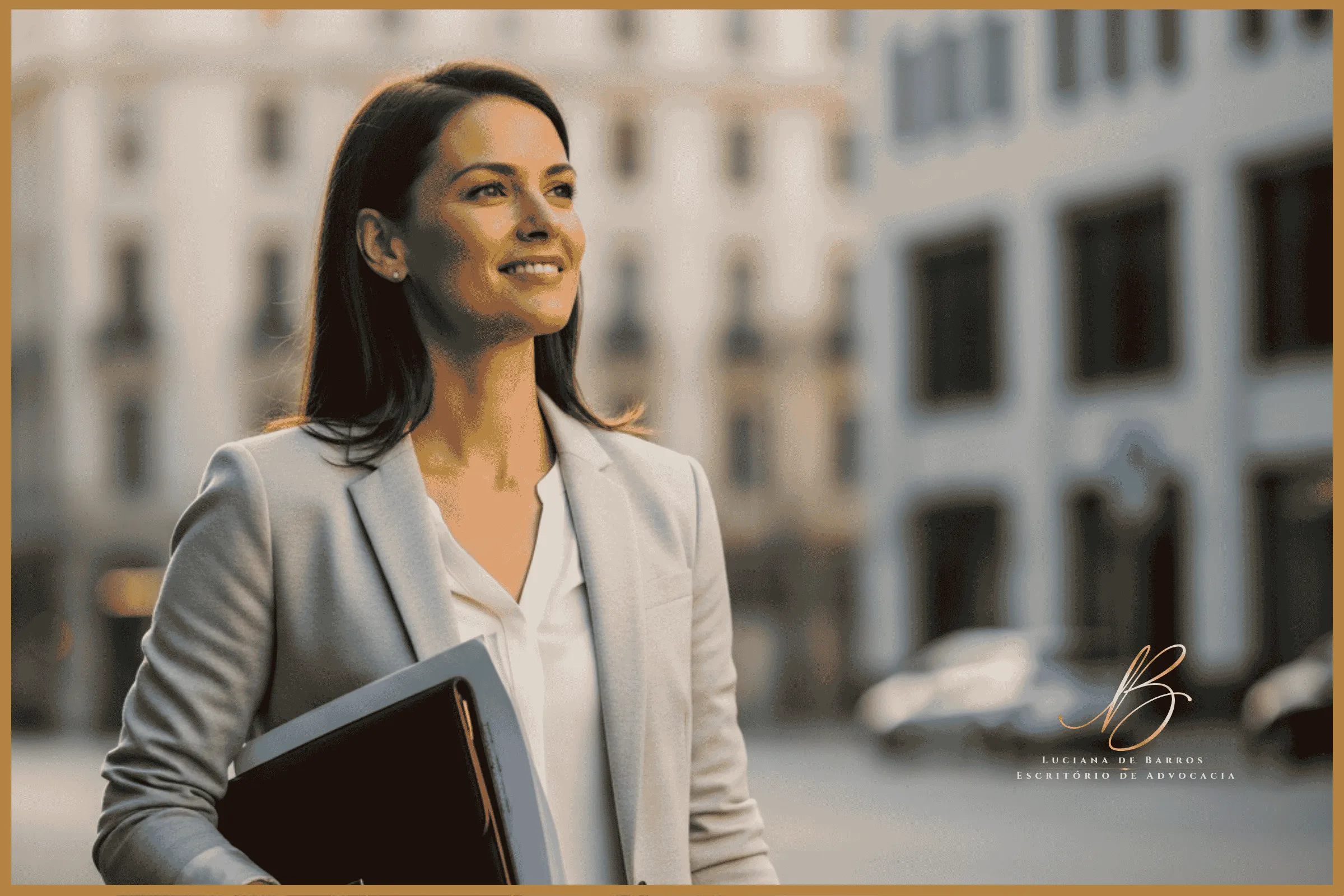 A Liberdade e o Controle Recuperado Uma mulher de 35 a 40 anos, vestida com elegância casual e sofisticada (blazer leve e bem cortado), é capturada no exato momento em que caminha saindo de um edifício comercial moderno. Ela segura uma pasta de couro fina com documentos sob o braço. Sua postura é leve, os ombros estão relaxados, e ela exibe um sorriso de alívio profundo e sereno, olhando em direção à luz do sol
