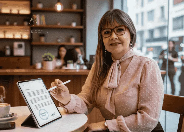 A Praticidade do Divórcio OnlineCartório mulher com aparência serena e confiante sentada em um café sofisticado. Ela está usando uma caneta stylus para assinar digitalmente um documento na tela de um tablet moderno de última geração. Na tela do tablet, é possível ver um selo verde digital de "Documento Assinado". Ao lado, um smartphone e um café expresso. A imagem transmite agilidade, a modernidade do divórcio online/extrajudicial e a praticidade de resolver a vida sem a burocracia dos fóruns físicos.