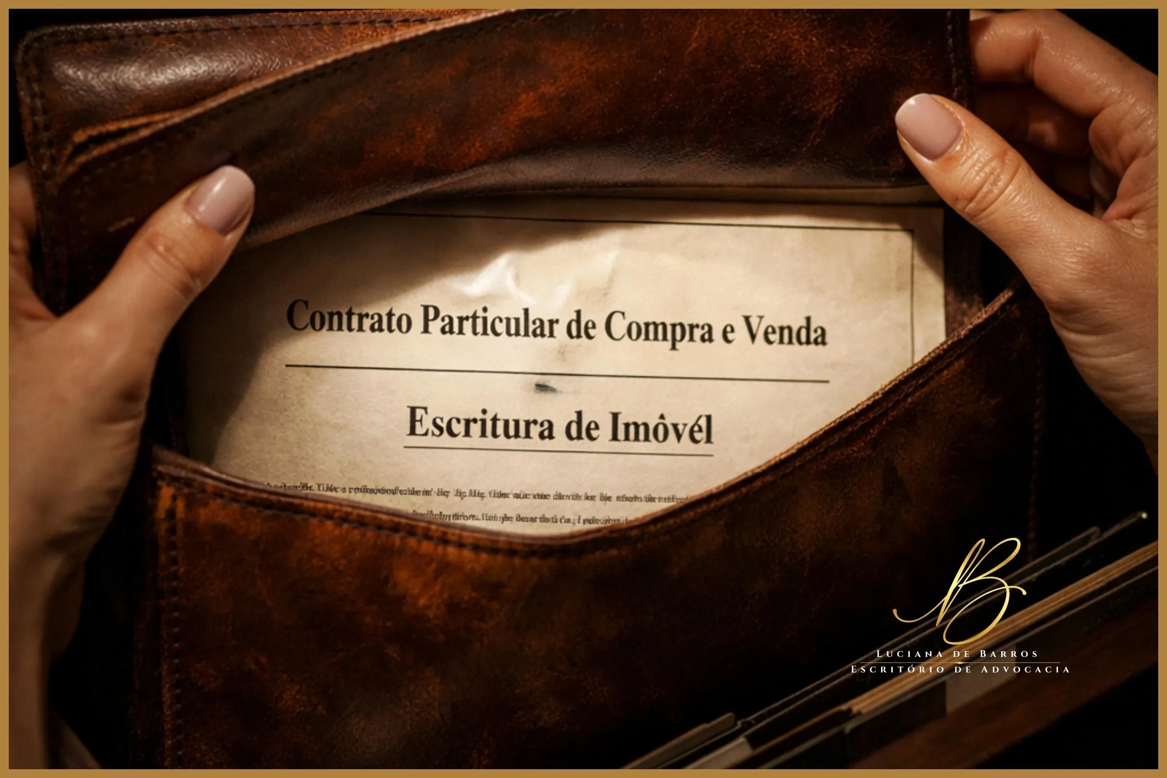 A Varredura Doméstica e a Teoria da Aparência pasta suspensa antiga de couro pardo dentro de uma gaveta de escritório em casa. Dentro da pasta, é possível ler claramente o cabeçalho de um documento: "Contrato Particular de Compra e Venda" e "Escritura de Imóvel". A luz incide diretamente sobre o documento, deixando o resto da gaveta nas sombras.
