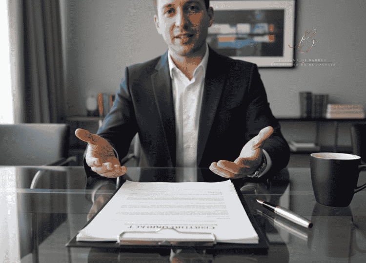 Como Encontrar e Escolher o Advogado Certo para o Seu Divórcio mesa de reunião de vidro em um escritório corporativo elegante. Sobre a mesa, há um contrato impresso bem organizado, uma caneta de luxo e uma xícara de café de cerâmica. À frente, um advogado vestido de forma sofisticada (terno bem cortado, sem gravata) gesticula com as mãos abertas e expressão honesta, explicando um ponto do documento.