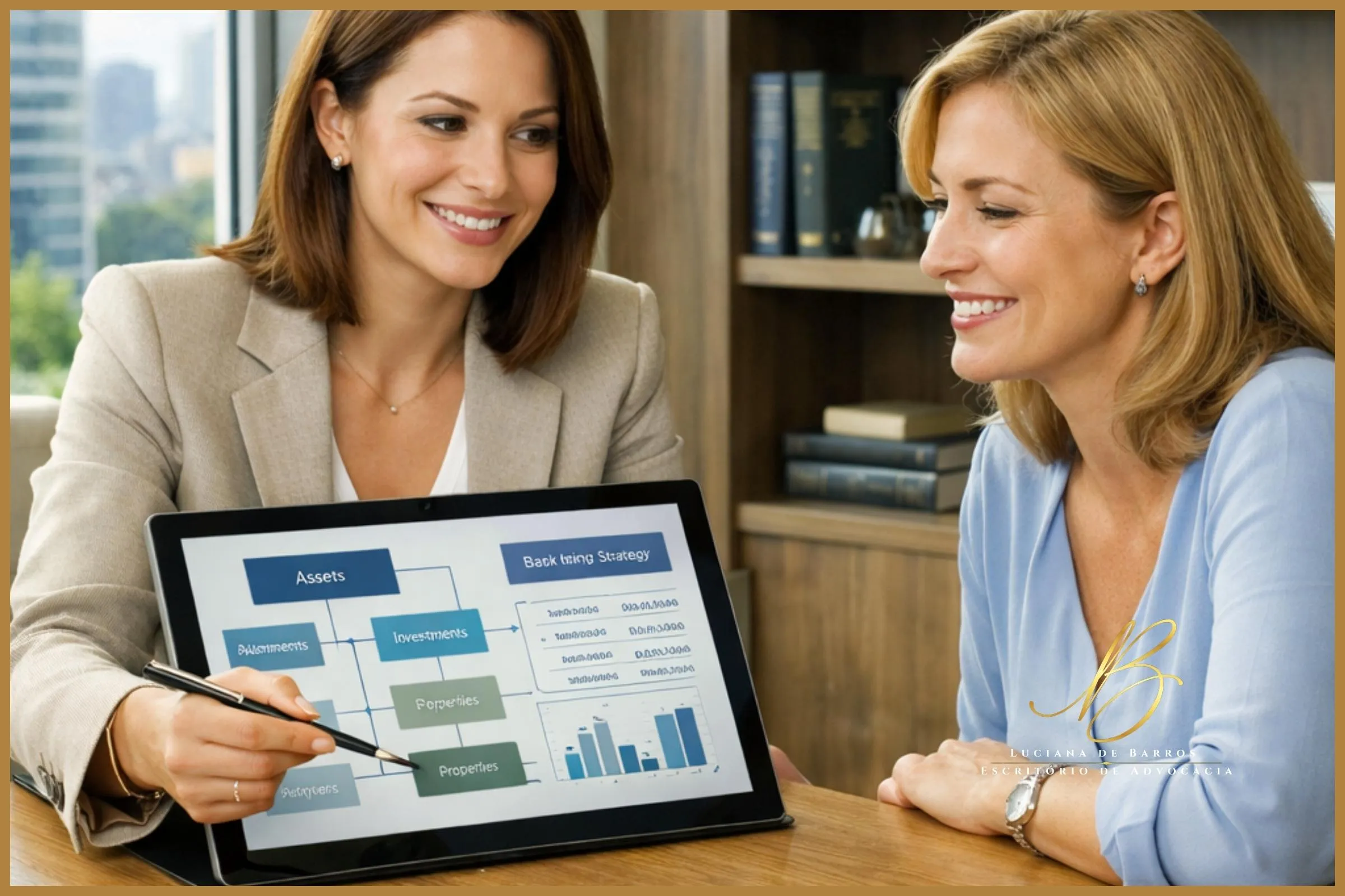 Decisão Estratégica e o Futuro Seguro advogada especialista (mulher confiante, vestida com blazer de alfaiataria) está sentada ao lado de sua cliente. A advogada aponta com uma caneta para um fluxograma ou planilha financeira em um tablet grande, explicando a estratégia de rastreio de bens. A cliente tem uma expressão de total alívio, compreensão e segurança. A mesa de madeira clara e a luz do dia transmitem clareza jurídica, transparência financeira, justiça patrimonial e paz de espírito.