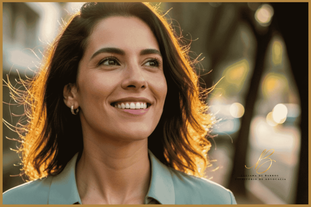 mulher brasileira de aproximadamente 35 anos, com uma expressão de alívio puro, serenidade e um sorriso confiante. Ela está caminhando em uma calçada, olhando levemente para o horizonte com o vento suave em seus cabelos. Ela segura em uma das mãos uma pasta de documentos fina e organizada (simulando a Escritura de Divórcio).