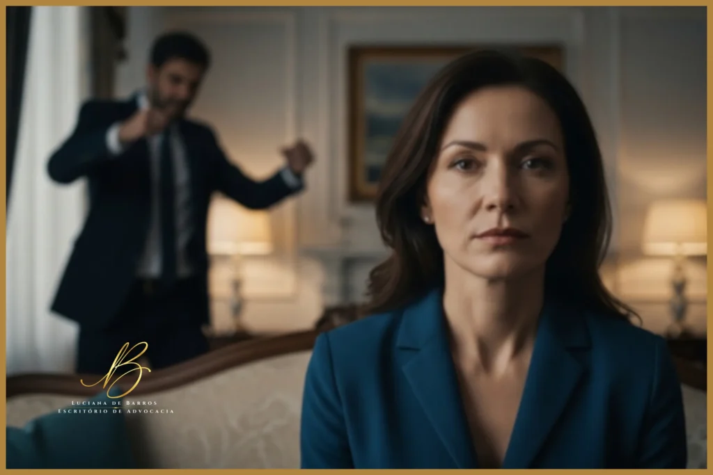 mulher de 35 a 40 anos, com expressão facial completamente neutra, fria e inabalável, está sentada no sofá de uma sala de estar elegante em meia-luz. Ao fundo, levemente desfocado (efeito bokeh), a silhueta de um homem em pé, gesticulando agressivamente de forma borrada. O foco absoluto está no rosto sereno e impenetrável da mulher, que olha para a frente ignorando a agitação atrás dela