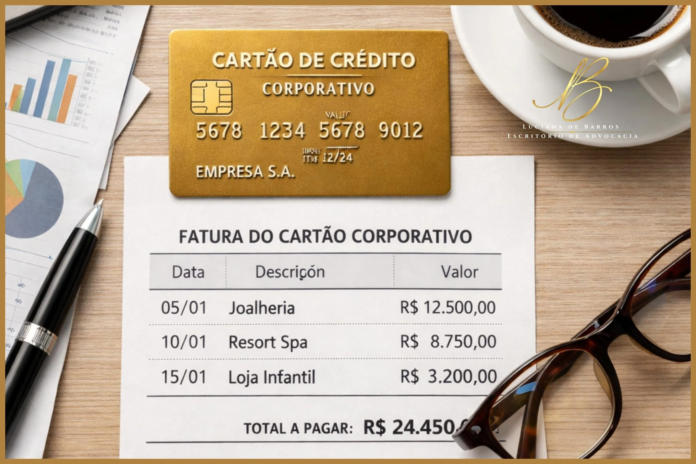 O Cofre do CNPJ e a Confusão Patrimonial Cartão de Crédito Corporativo" (Business/Empresarial) dourado elegante. Logo abaixo do cartão, a fatura impressa detalha compras luxuosas e totalmente pessoais: "Joalheria", "Resort Spa", "Loja Infantil". Ao lado, uma xícara de café e óculos de leitura. A imagem transmite claramente o conceito de "Confusão Patrimonial", onde o CNPJ é usado indevidamente para bancar o estilo de vida pessoal (o CPF) e esconder bens na partilha.