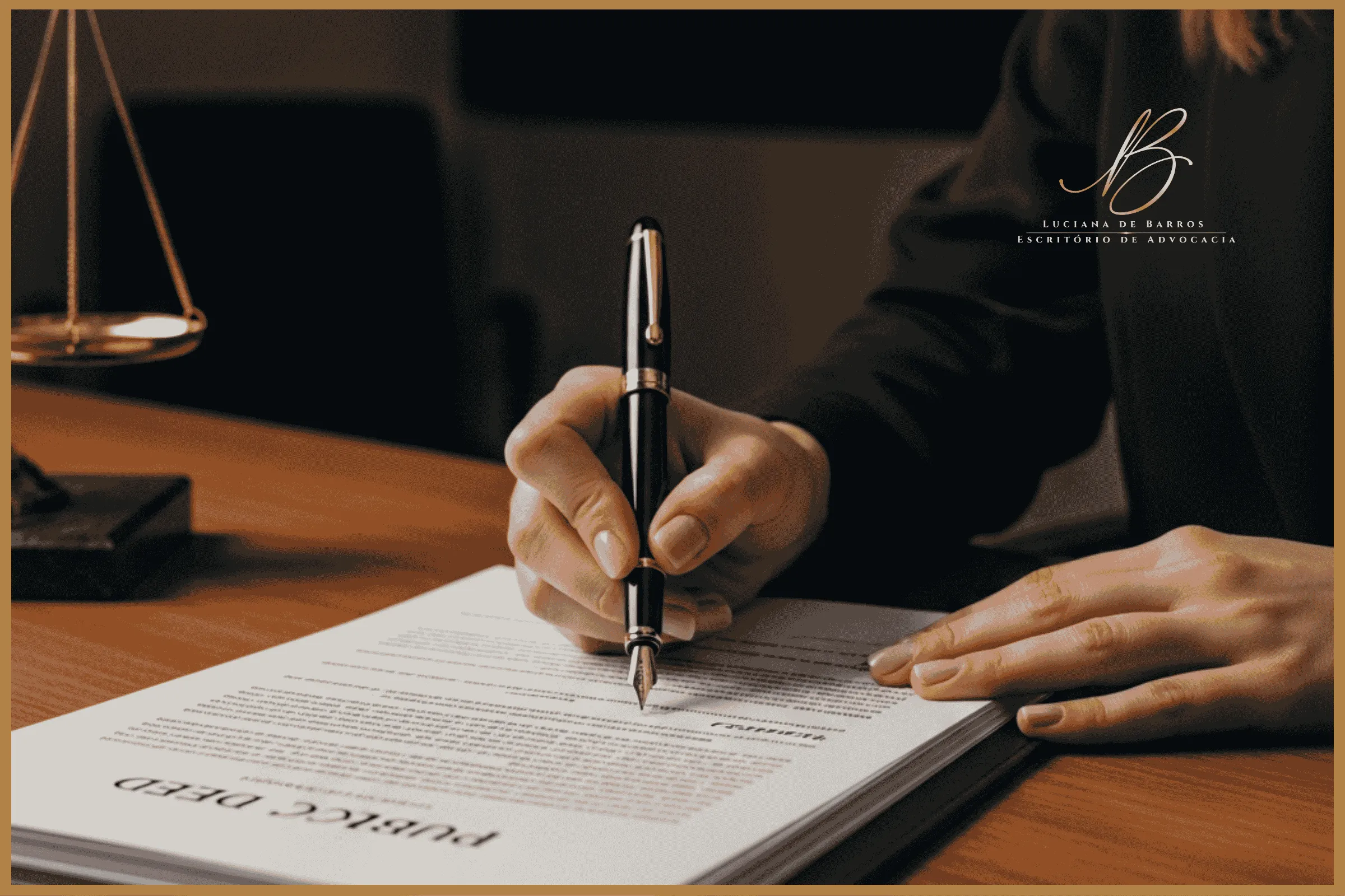 O Dia da Assinatura e a Retomada do Nome mãos de uma mulher, prestes a assinar um documento oficial espesso com o título "Escritura Pública" visível no topo. A mesa é de madeira nobre.