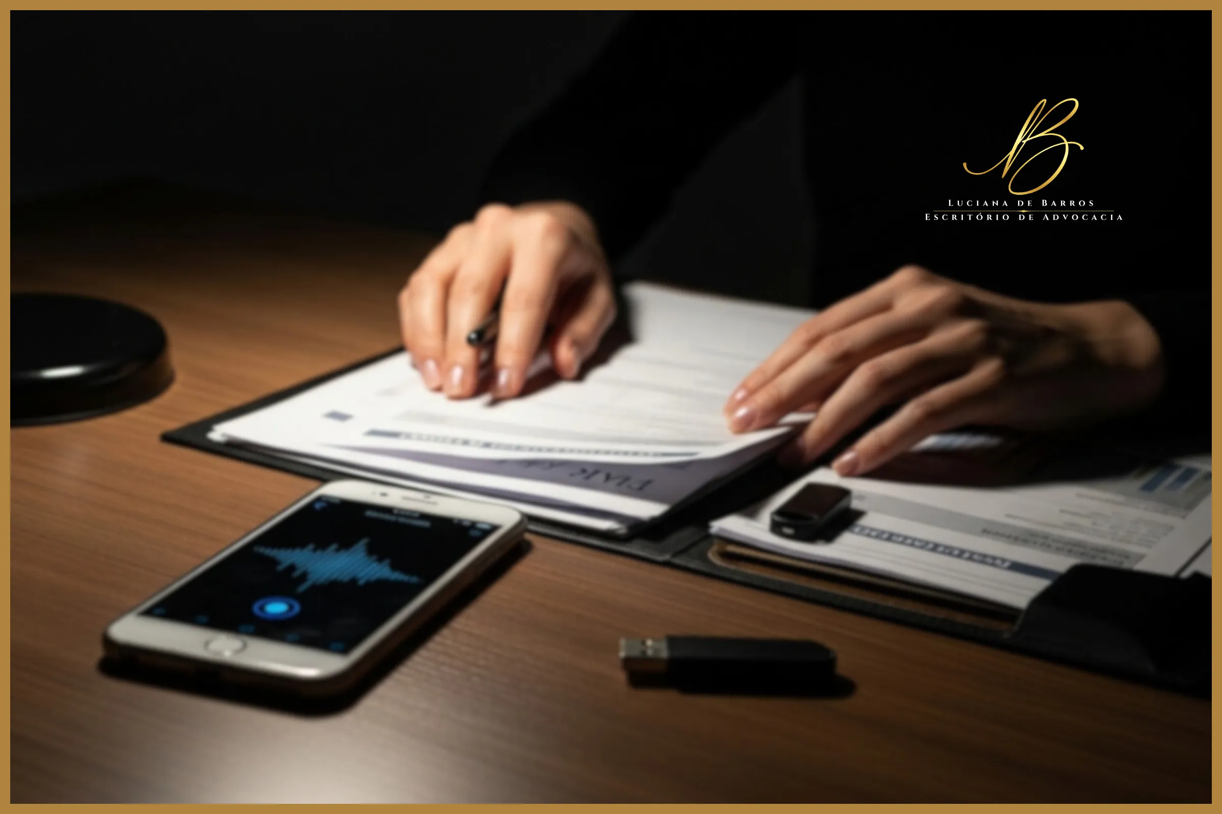 O Kit de Blindagem Oculto_resultado Mãos femininas estão organizando discretamente documentos importantes sobre uma mesa de madeira escura iluminada apenas por uma luminária de mesa (estilo investigação/planejamento noturno). Vê-se um smartphone com um aplicativo de gravação de voz aberto na tela (com ondas sonoras visíveis), uma pasta com papéis financeiros e um pendrive.