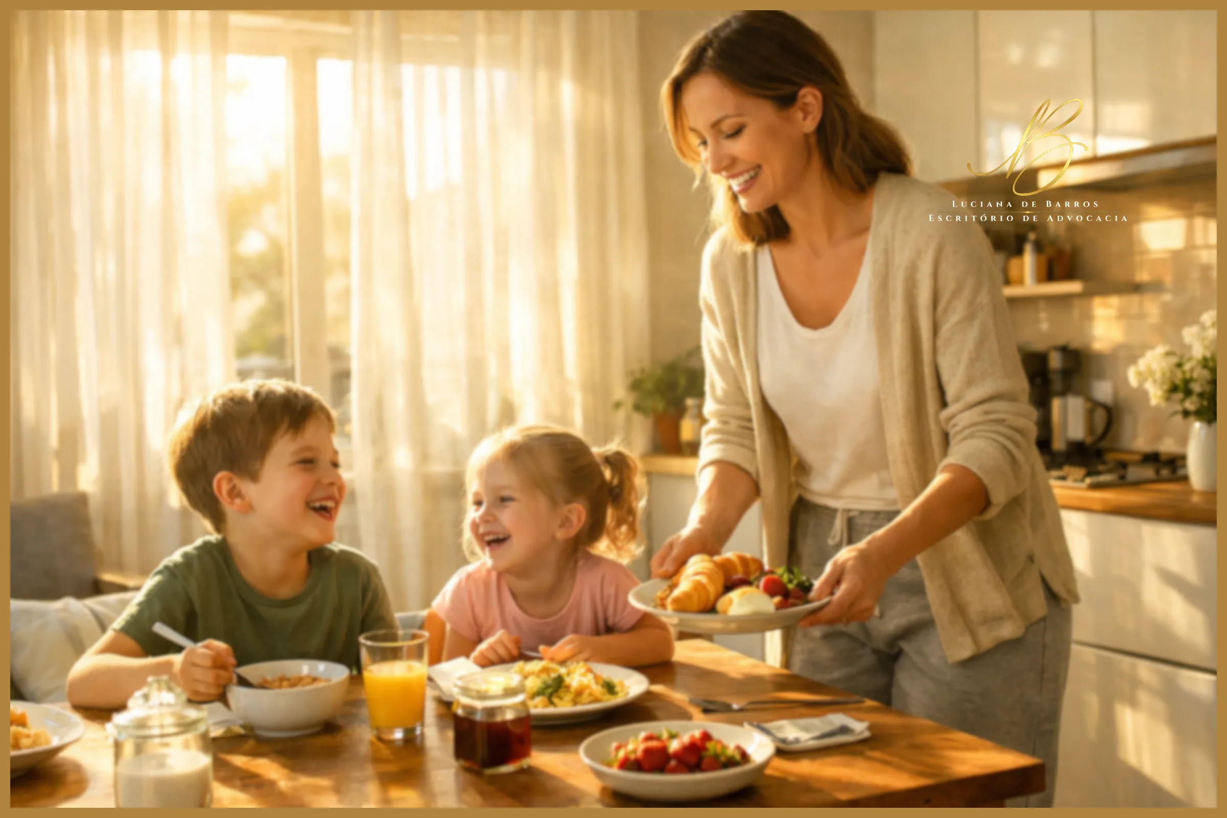 O Mapa da Liberdade (O Fim do Ciclo) mulher sorridente e relaxada, vestindo roupas casuais confortáveis, está na cozinha ensolarada de um apartamento moderno, servindo café da manhã para seus dois filhos pequenos que riem na mesa. A luz do sol (golden hour matinal) inunda o ambiente através de cortinas claras.