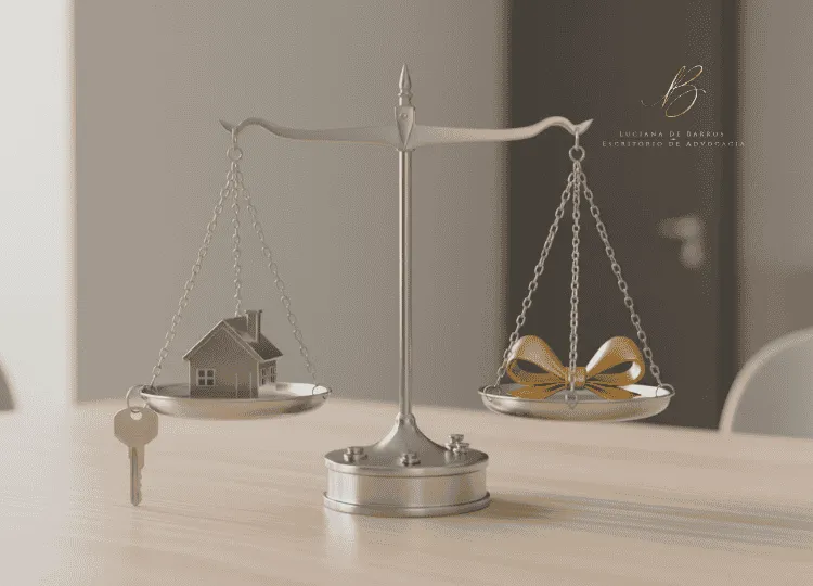 O Que Acontece com Filhos, Bens e Pensão no Divórcio mesa de trabalho de madeira clara, uma balança da justiça clássica de metal polido. Em um dos pratos da balança, há uma miniatura metálica e elegante de uma casa e uma chave de carro; no outro prato, uma representação sutil de um coração ou um laço de fita dourada (simbolizando o cuidado com a família e a pensão).