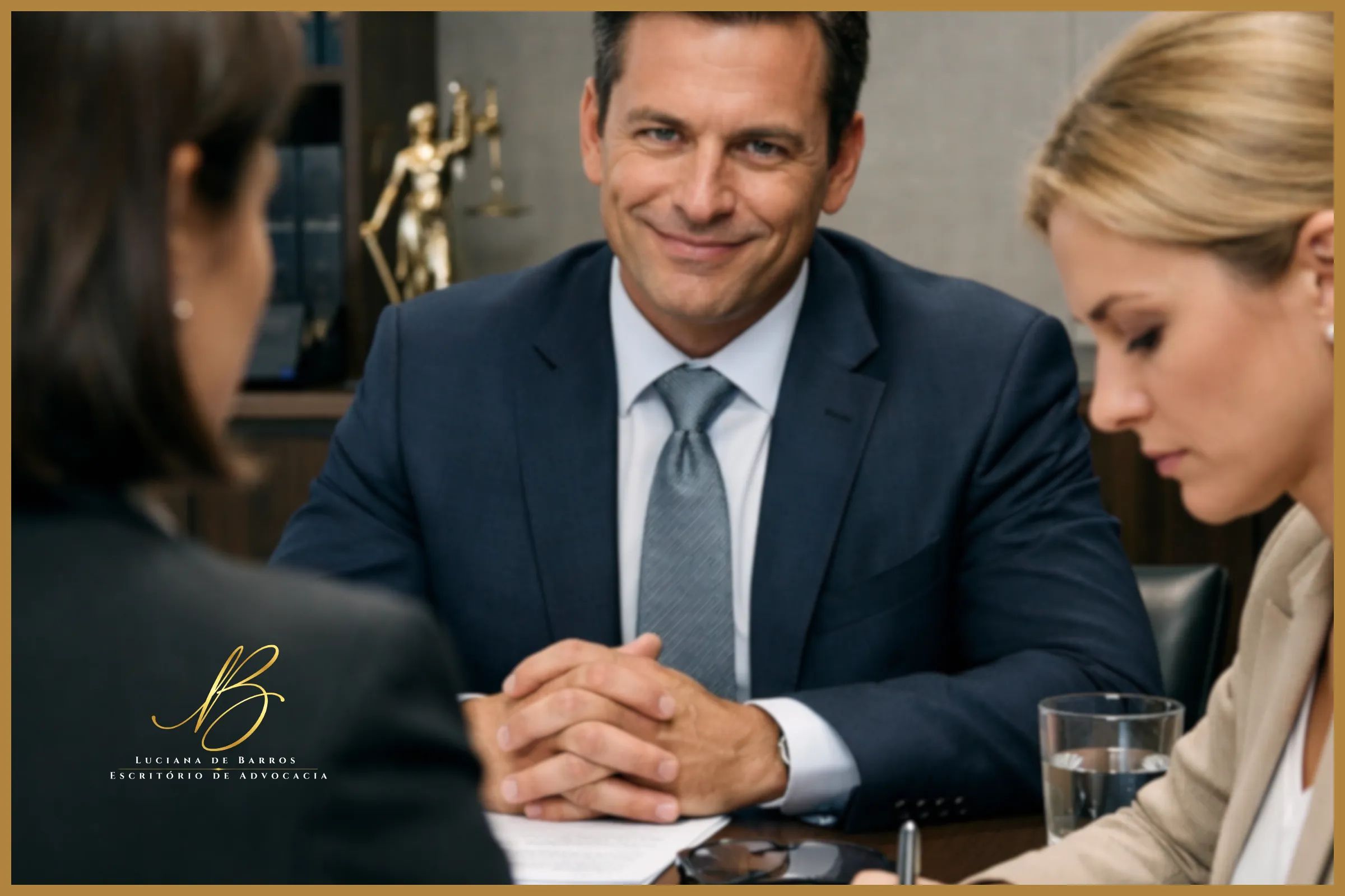 O Teatro no Tribunal e a Arma do Estudo Psicossocial A câmera está posicionada atrás de uma advogada (vista apenas de ombros/perfil), que atua como um "escudo" visual. De frente para a câmera, do outro lado da mesa, um homem de terno alinhado tenta exibir uma expressão artificialmente simpática e dissimulada (a máscara do "bom moço"). A cliente (esposa) está sentada ao lado da advogada, com postura ereta e olhar focado nos papéis sobre a mesa, ignorando completamente o homem.