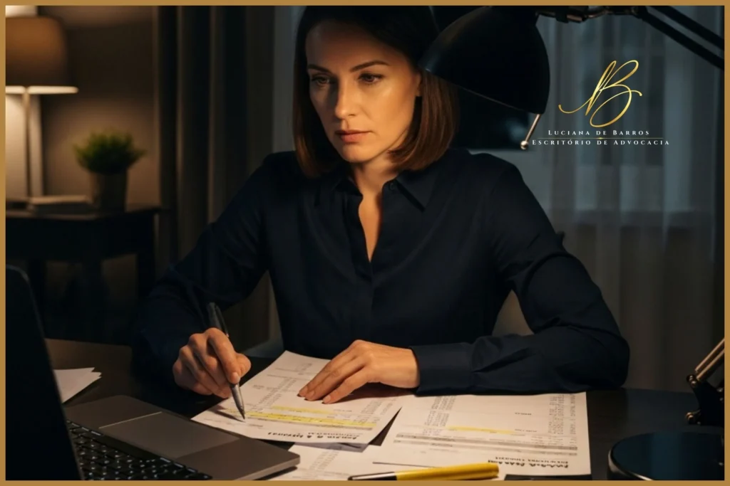 mulher de 40 anos, com expressão de foco, inteligência e determinação (sem sorriso, olhar afiado). Ela está sentada à noite em um escritório doméstico elegante, iluminado apenas pela luz de um laptop moderno e uma luminária de mesa direcional. Sobre a mesa, há extratos bancários físicos impressos, uma caneta marcadora amarela destacando valores, e um smartphone exibindo gráficos financeiros.