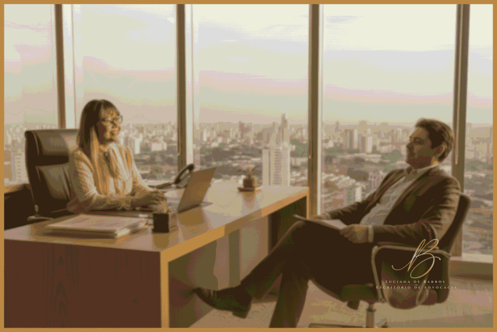 Fotografia fotorrealista e cinematográfica em um escritório de advocacia moderno e acolhedor, com janelas amplas mostrando o horizonte urbano de São Paulo ao fundo sob luz natural da manhã. Uma advogada (especialista em Direito de Família) com expressão empática, serena e profissional está sentada à mesa conversando com um cliente que exibe uma postura de alívio.