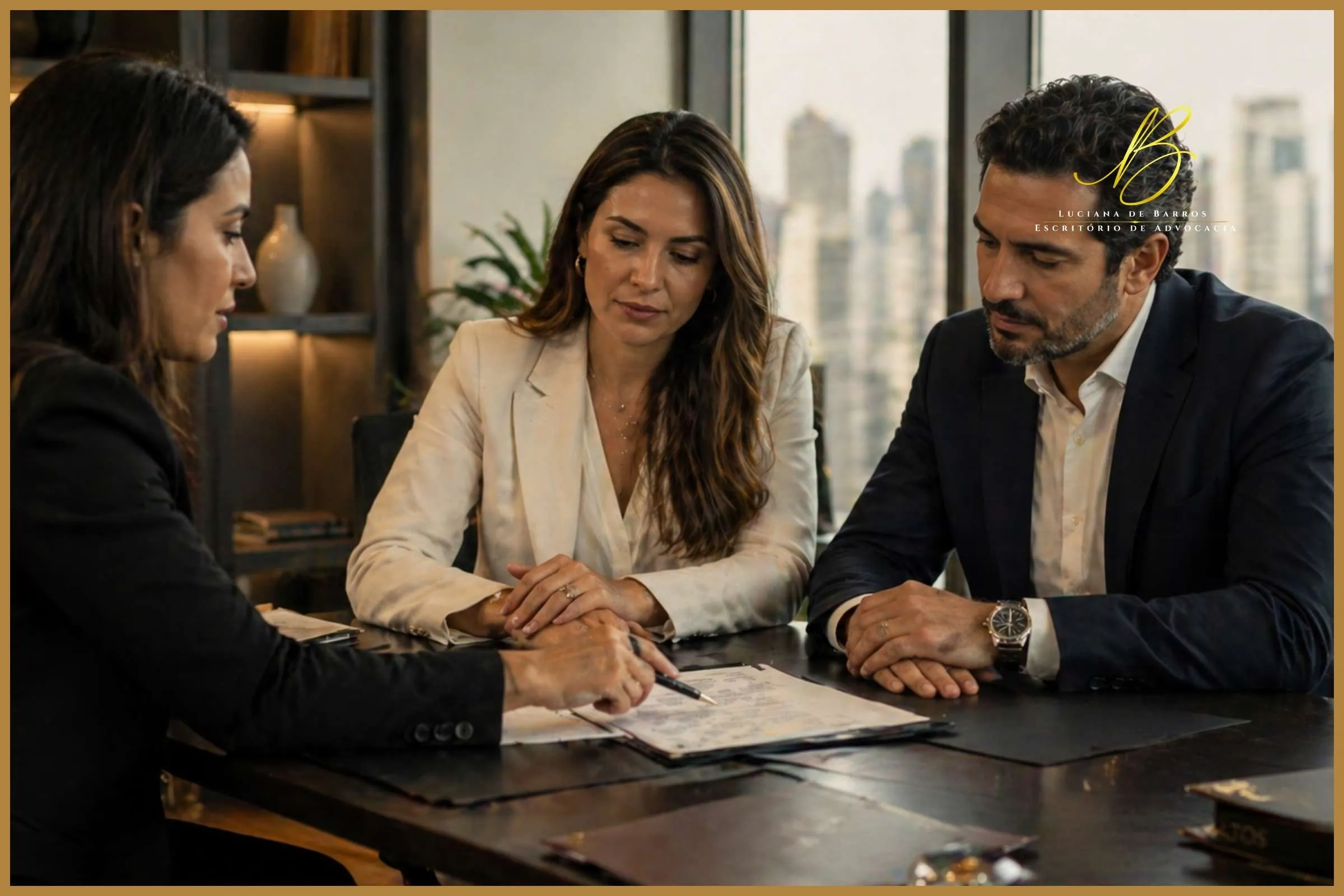 Consulta jurídica para escolha do regime de bens no casamento Casal em consulta com advogada de família para escolher o regime de bens ideal antes do casamento