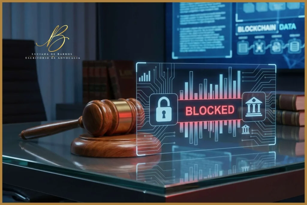 martelo de juiz (gavel) de madeira polida repousa sobre uma mesa de vidro. Projetado digitalmente no vidro, ao lado do martelo, há um holograma ou reflexo nítido de gráficos financeiros, ícones de contas bancárias e um símbolo de "Cadeado/Bloqueado" em tons luminosos de vermelho e azul escuro. A imagem simboliza a execução forçada, o rastreio digital implacável do sistema judiciário e a eficácia na recuperação de pensão alimentícia.