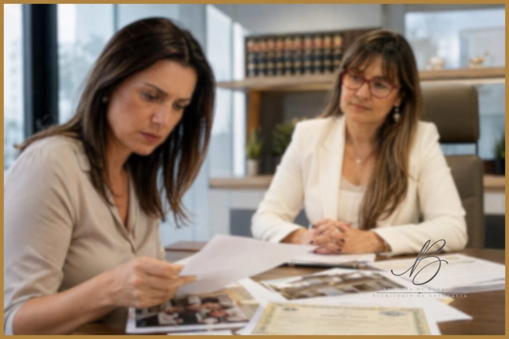 Mulher analisando documentos após a separação durante atendimento com advogada especializada em Direito de Família.