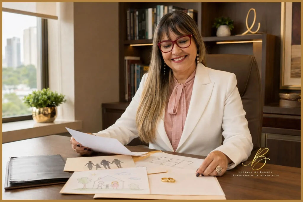 Dra. Luciana de Barros analisando documentos sobre Direito de Família em escritório em São Paulo