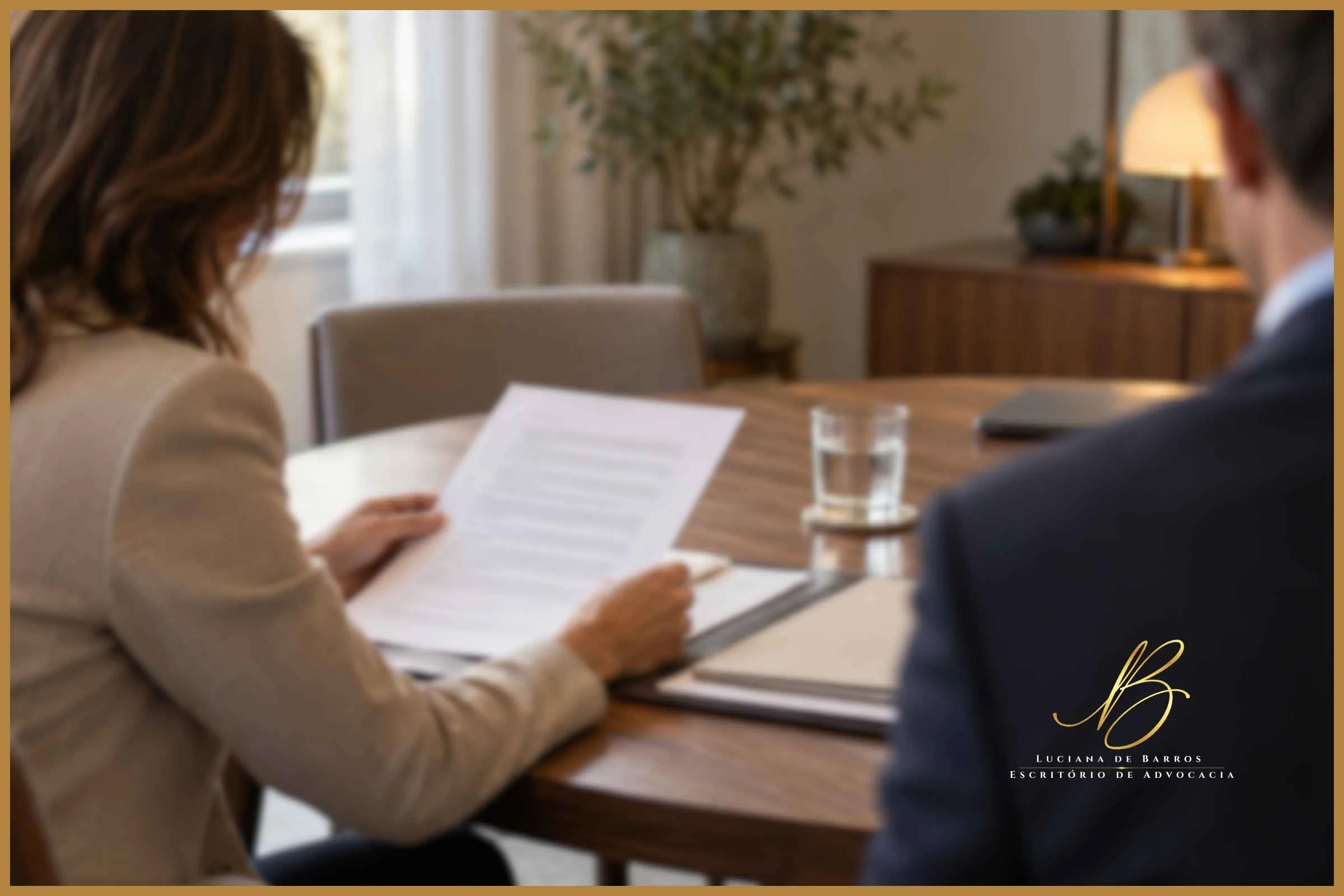 Como escolher um advogado de família com segurança Mulher lendo com atenção um contrato de honorários advocatícios durante a primeira consulta sobre divórcio