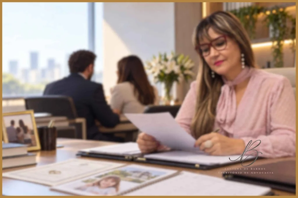 Advogada de Direito de Família orientando clientes sobre divórcio, guarda, pensão e questões familiares