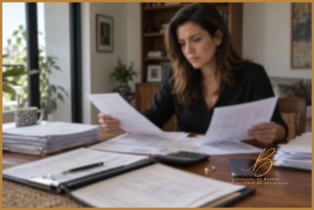 Mulher analisando documentos e movimentações financeiras durante um divórcio com possível violência patrimonial.