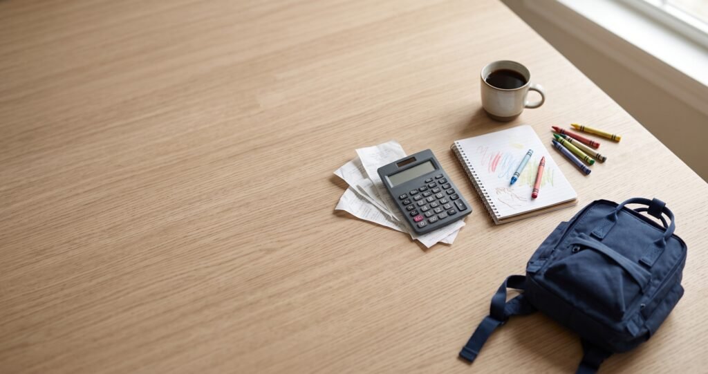 Mesa com calculadora, recibos de despesas, caderno escolar e mochila infantil, representando o cálculo da pensão alimentícia