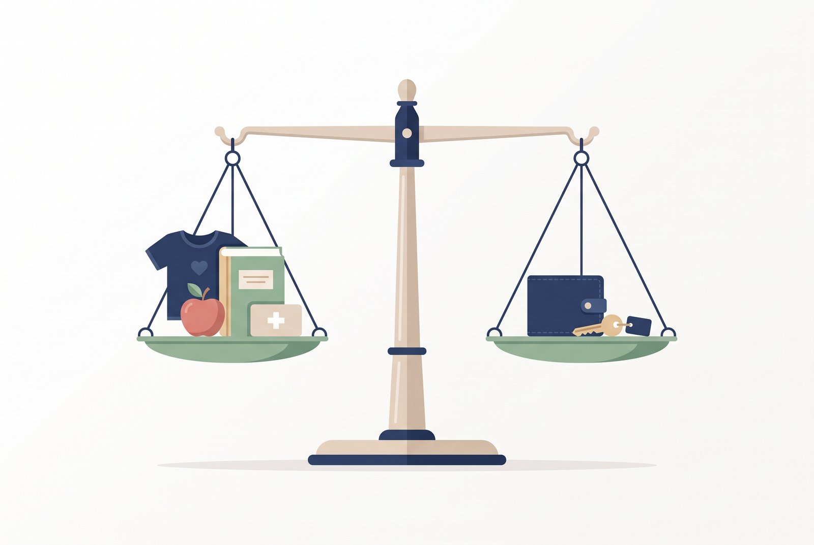 Trinômio necessidade, possibilidade e proporcionalidade Ilustração de uma balança equilibrada com itens infantis de um lado e carteira do outro, representando o trinômio alimentar